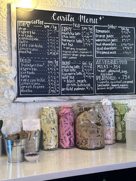 Casita of Brooklyn chalkboard menu — hot coffee, iced, tea and more