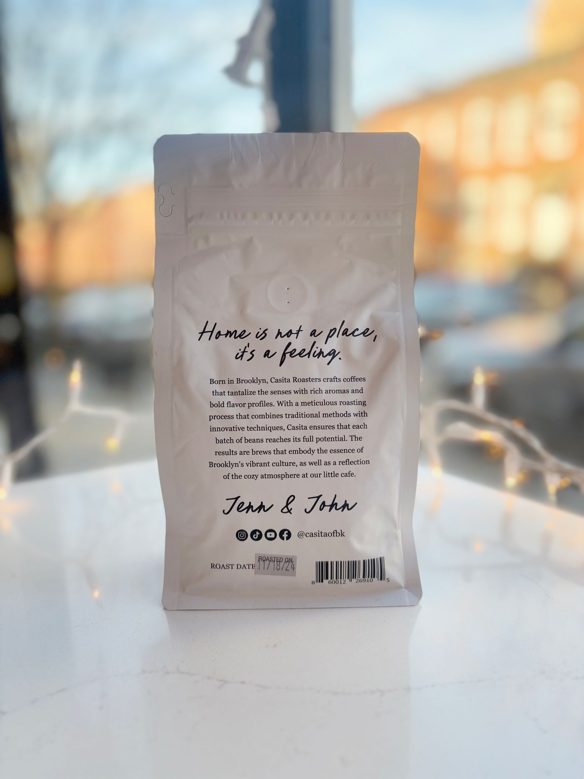 Casita coffee bag — 'Home is not a place, it's a feeling' signed Jenn & John